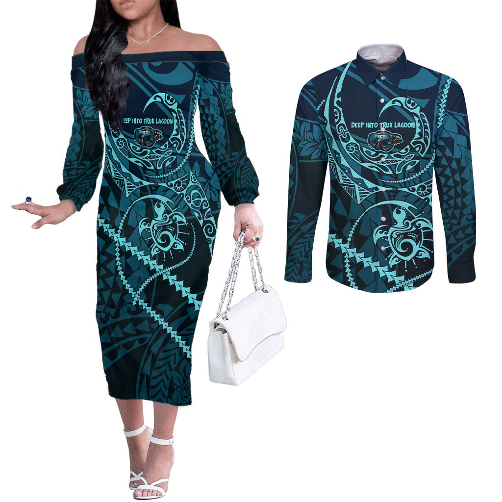 Chuuk Deep Into Truk Lagoon Couples Matching Off The Shoulder Long Sleeve Dress and Long Sleeve Button Shirt Polynesian Tribal Pattern Wreck Diving Teal Ship Art TS04 Blue Black - Polynesian Pride