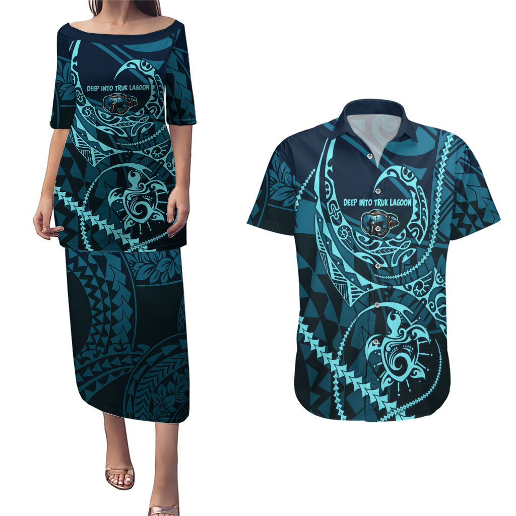 Chuuk Deep Into Truk Lagoon Couples Matching Puletasi and Hawaiian Shirt Polynesian Tribal Pattern Wreck Diving Teal Ship Art TS04 Blue Black - Polynesian Pride