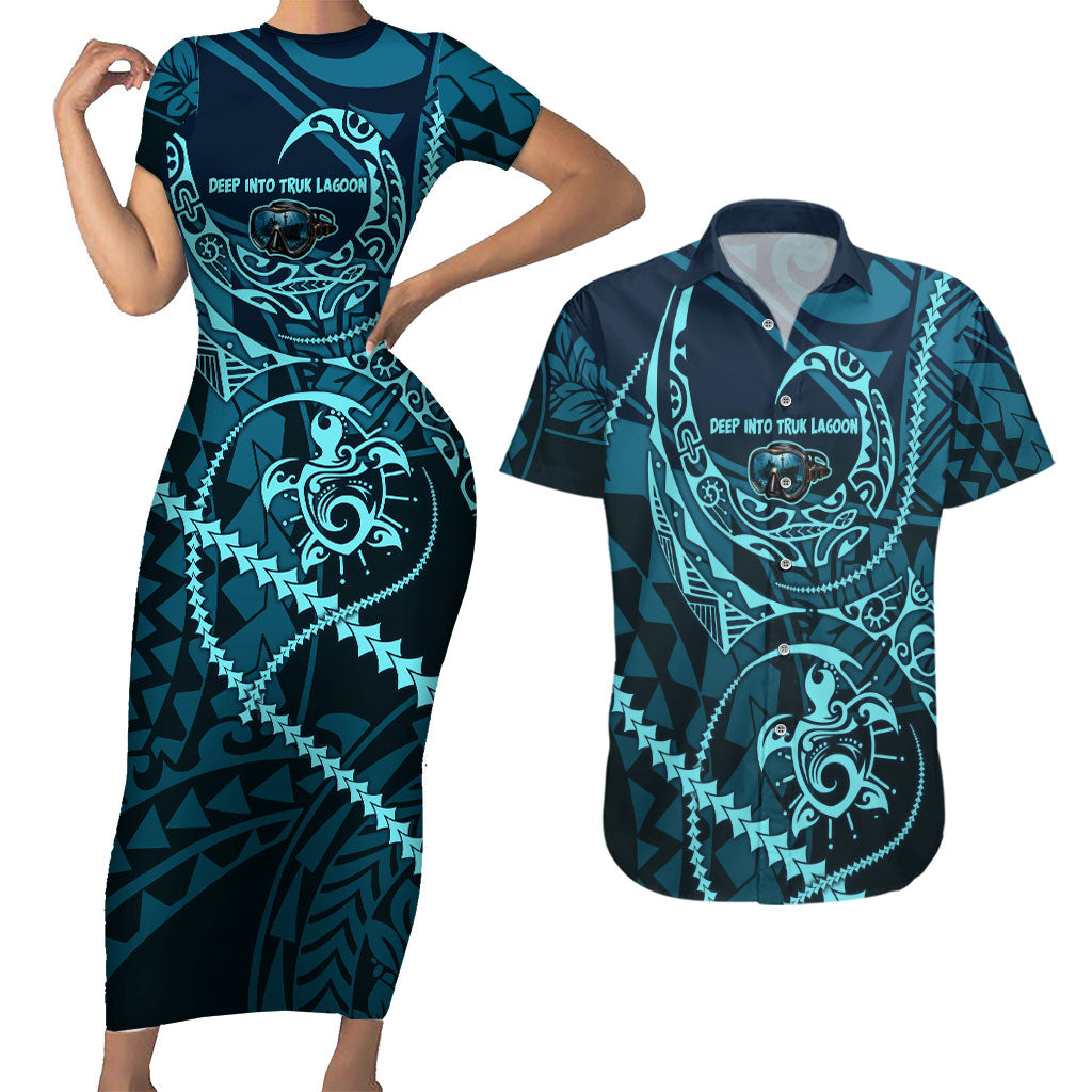 Chuuk Deep Into Truk Lagoon Couples Matching Short Sleeve Bodycon Dress and Hawaiian Shirt Polynesian Tribal Pattern Wreck Diving Teal Ship Art TS04 Blue Black - Polynesian Pride