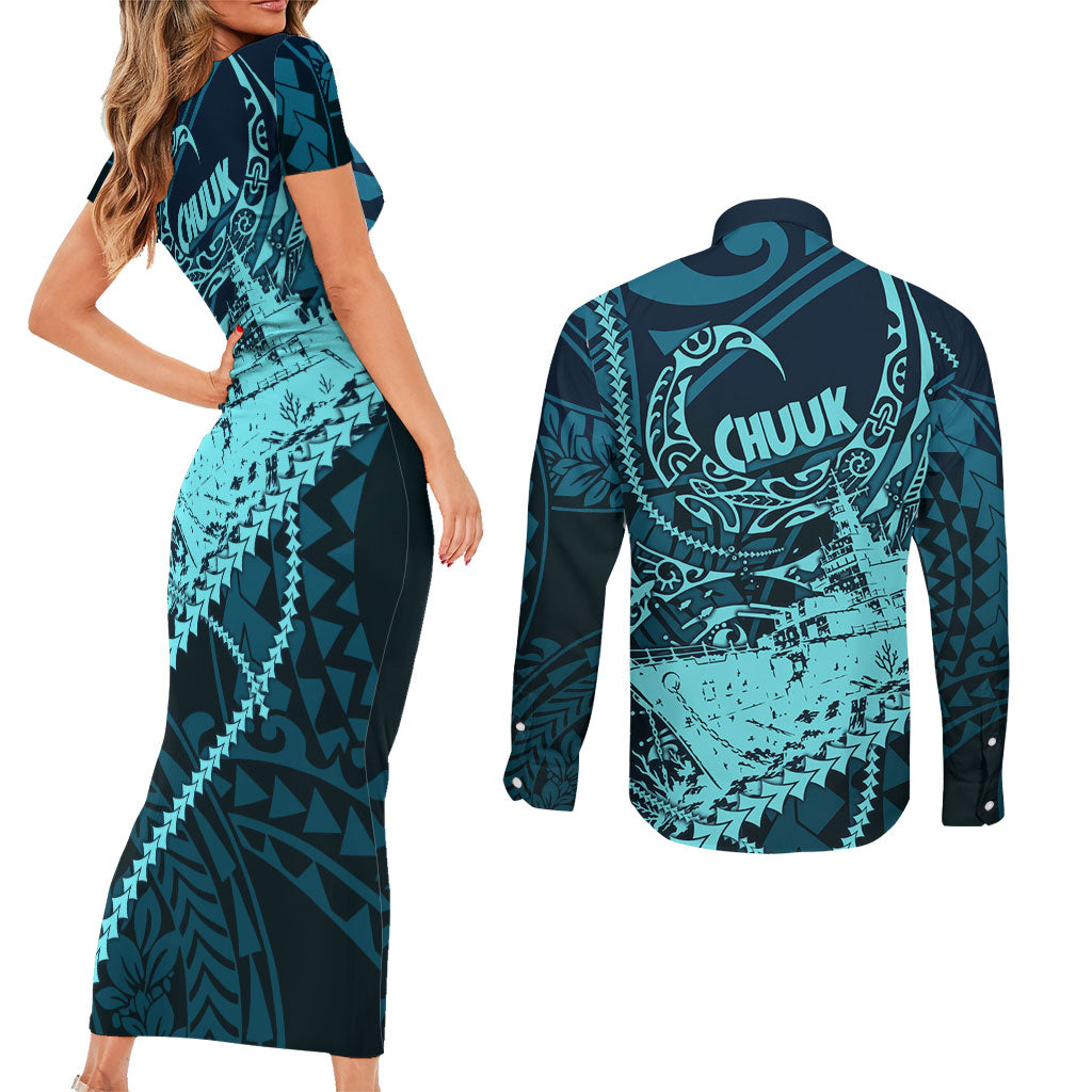 Chuuk Deep Into Truk Lagoon Couples Matching Short Sleeve Bodycon Dress and Long Sleeve Button Shirt Polynesian Tribal Pattern Wreck Diving Teal Ship Art