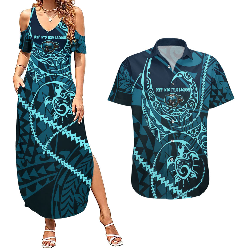 Chuuk Deep Into Truk Lagoon Couples Matching Summer Maxi Dress and Hawaiian Shirt Polynesian Tribal Pattern Wreck Diving Teal Ship Art TS04 Blue Black - Polynesian Pride