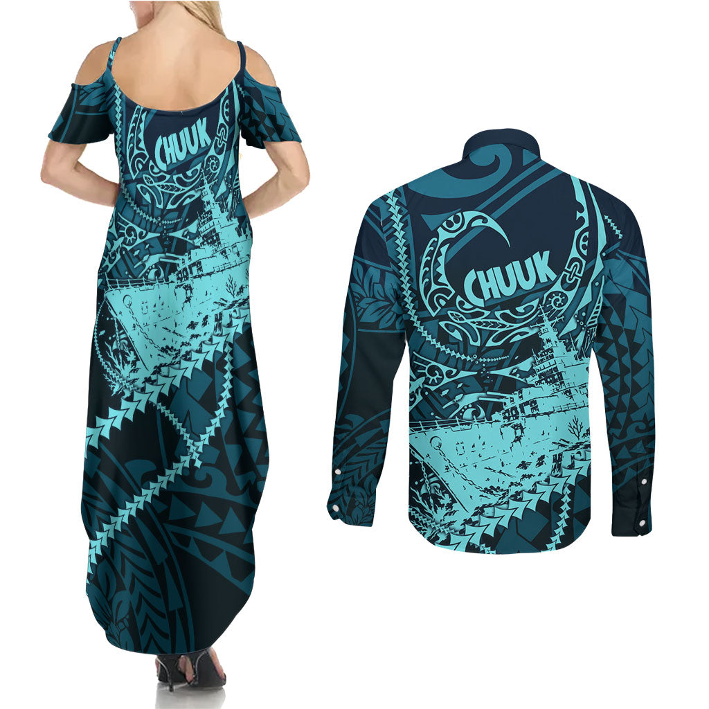 Chuuk Deep Into Truk Lagoon Couples Matching Summer Maxi Dress and Long Sleeve Button Shirt Polynesian Tribal Pattern Wreck Diving Teal Ship Art