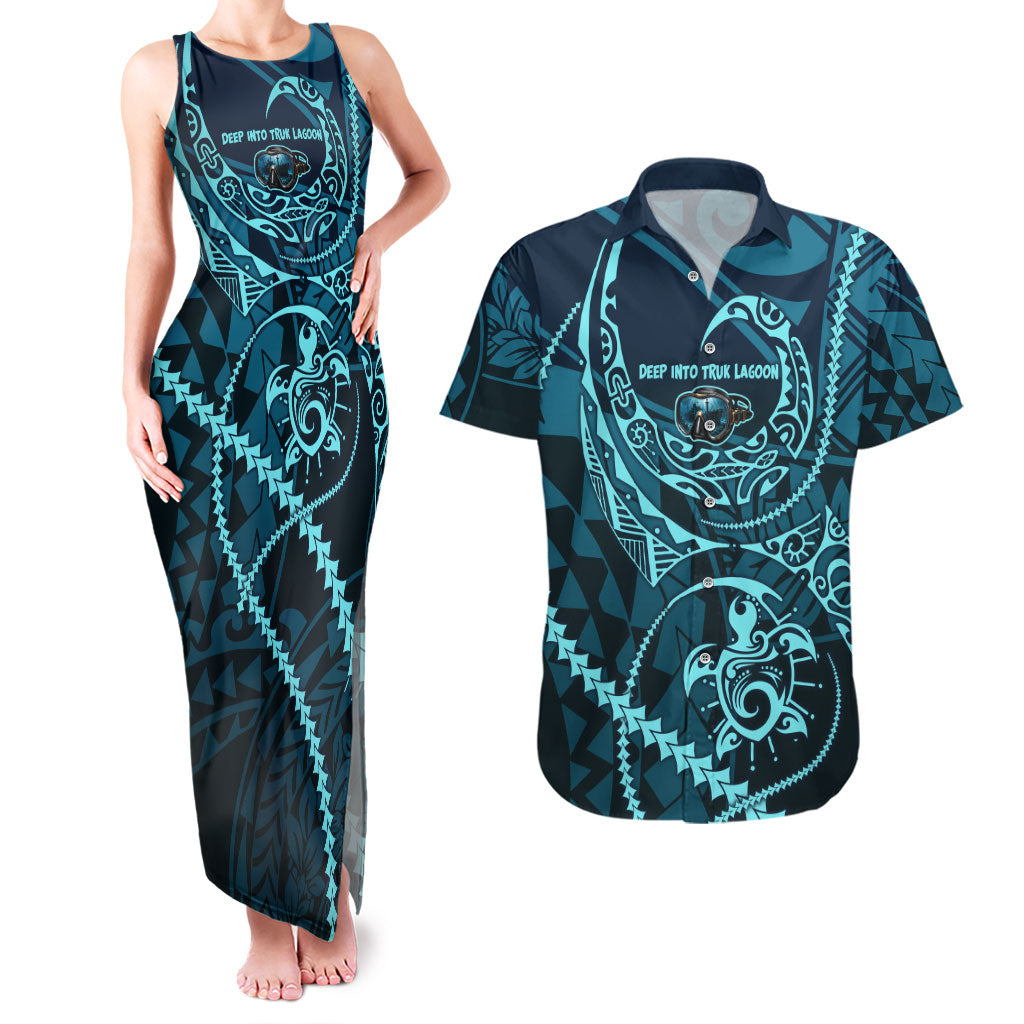 Chuuk Deep Into Truk Lagoon Couples Matching Tank Maxi Dress and Hawaiian Shirt Polynesian Tribal Pattern Wreck Diving Teal Ship Art
