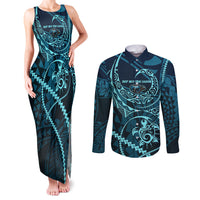 Chuuk Deep Into Truk Lagoon Couples Matching Tank Maxi Dress and Long Sleeve Button Shirt Polynesian Tribal Pattern Wreck Diving Teal Ship Art