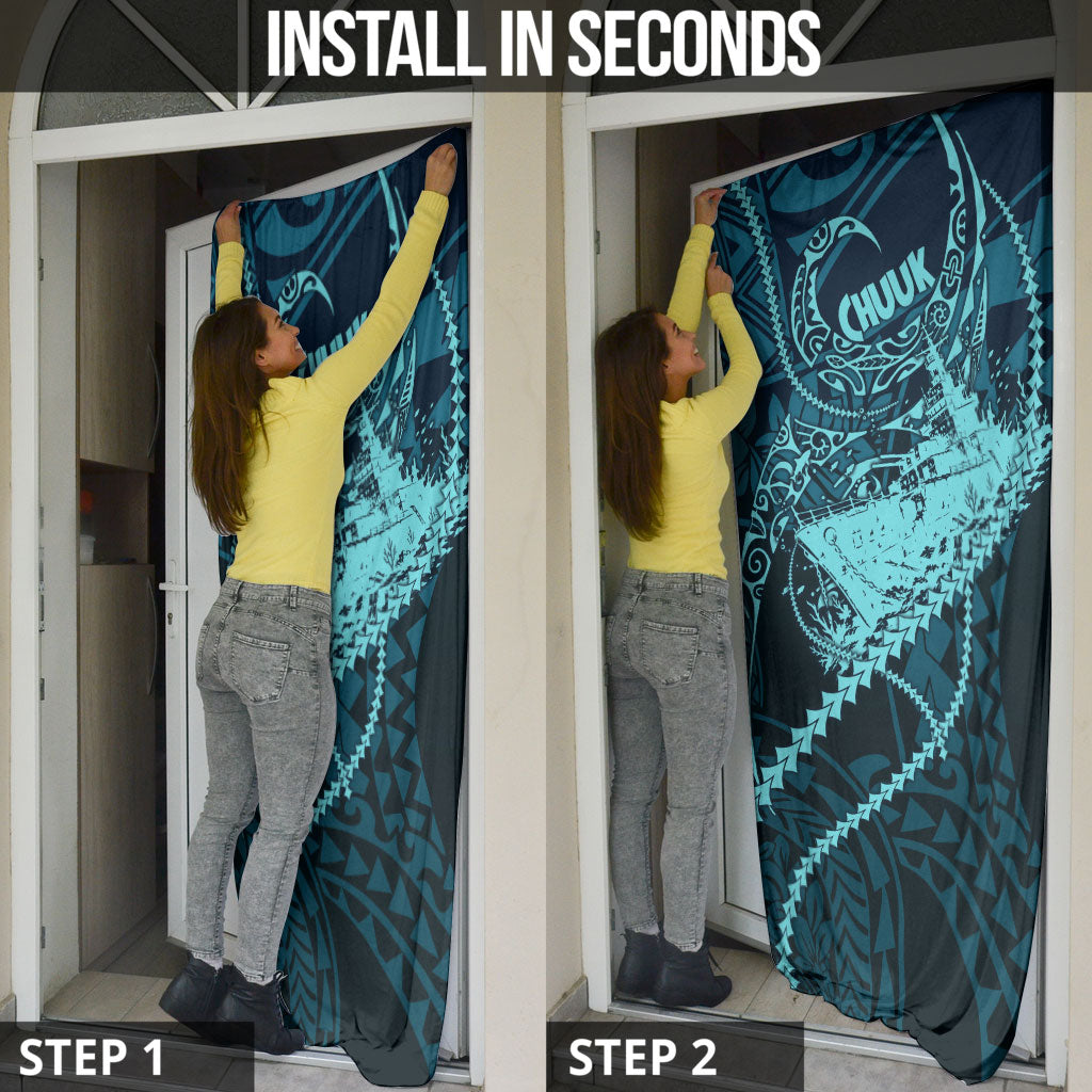 Chuuk Deep Into Truk Lagoon Door Cover Polynesian Tribal Pattern Wreck Diving Teal Ship Art