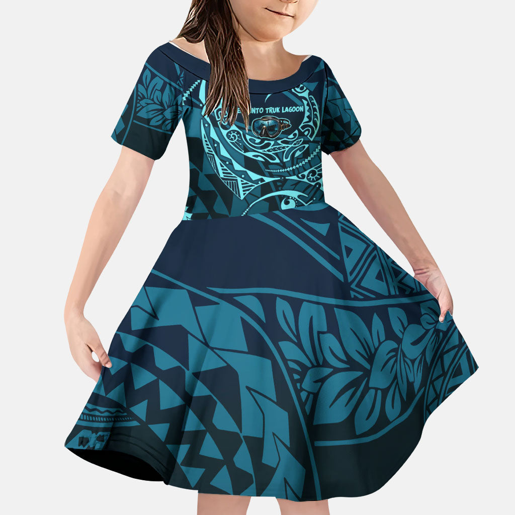 Chuuk Deep Into Truk Lagoon Family Matching Long Sleeve Bodycon Dress and Hawaiian Shirt Polynesian Tribal Pattern Wreck Diving Teal Ship Art
