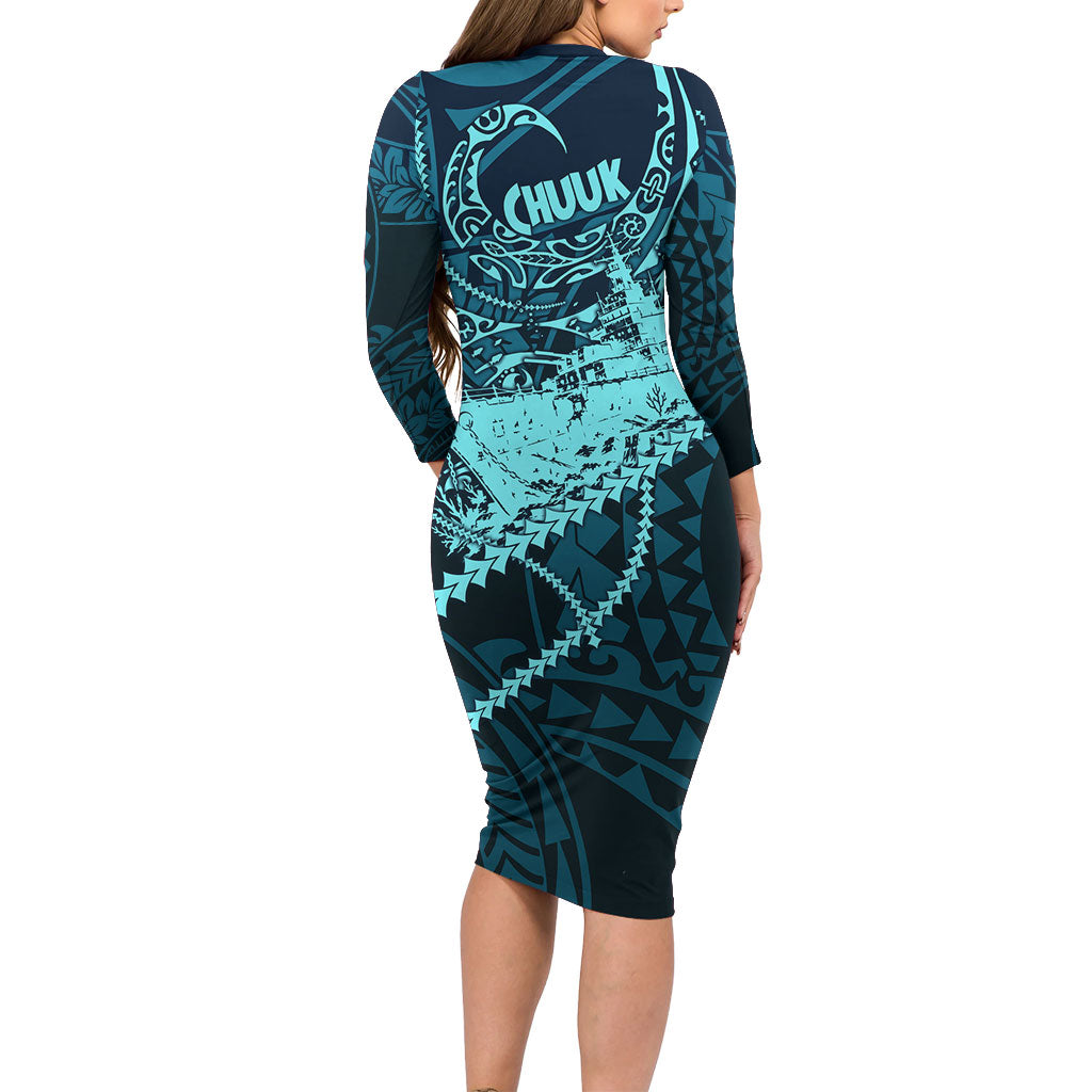 Chuuk Deep Into Truk Lagoon Family Matching Long Sleeve Bodycon Dress and Hawaiian Shirt Polynesian Tribal Pattern Wreck Diving Teal Ship Art