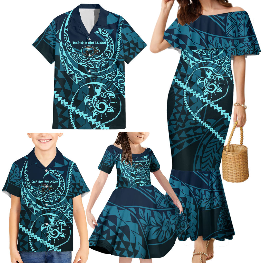 Chuuk Deep Into Truk Lagoon Family Matching Mermaid Dress and Hawaiian Shirt Polynesian Tribal Pattern Wreck Diving Teal Ship Art