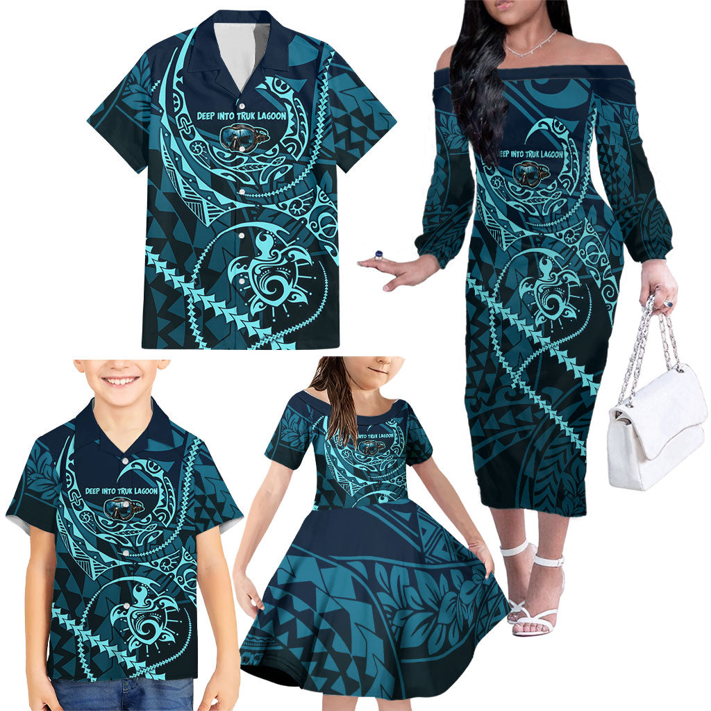 Chuuk Deep Into Truk Lagoon Family Matching Off The Shoulder Long Sleeve Dress and Hawaiian Shirt Polynesian Tribal Pattern Wreck Diving Teal Ship Art