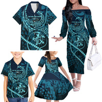 Chuuk Deep Into Truk Lagoon Family Matching Off The Shoulder Long Sleeve Dress and Hawaiian Shirt Polynesian Tribal Pattern Wreck Diving Teal Ship Art