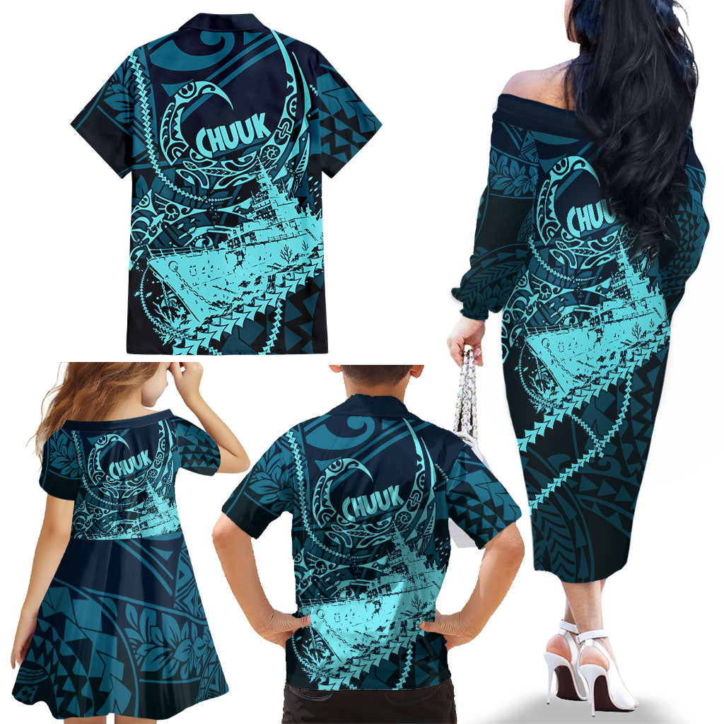 Chuuk Deep Into Truk Lagoon Family Matching Off The Shoulder Long Sleeve Dress and Hawaiian Shirt Polynesian Tribal Pattern Wreck Diving Teal Ship Art