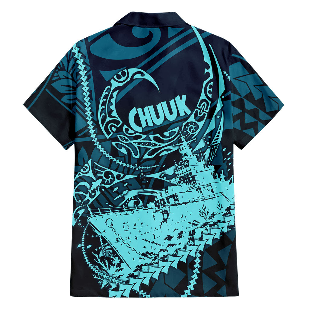 Chuuk Deep Into Truk Lagoon Family Matching Off The Shoulder Long Sleeve Dress and Hawaiian Shirt Polynesian Tribal Pattern Wreck Diving Teal Ship Art