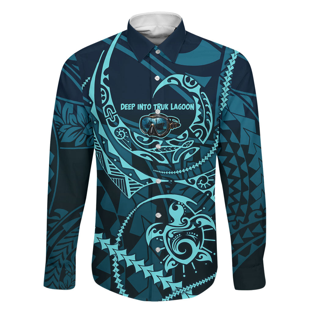Chuuk Deep Into Truk Lagoon Family Matching Off The Shoulder Long Sleeve Dress and Hawaiian Shirt Polynesian Tribal Pattern Wreck Diving Teal Ship Art