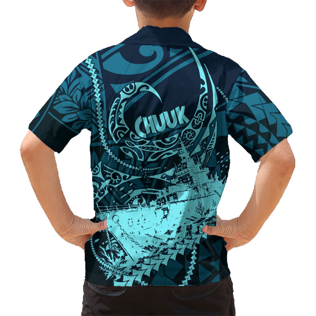 Chuuk Deep Into Truk Lagoon Family Matching Off Shoulder Maxi Dress and Hawaiian Shirt Polynesian Tribal Pattern Wreck Diving Teal Ship Art
