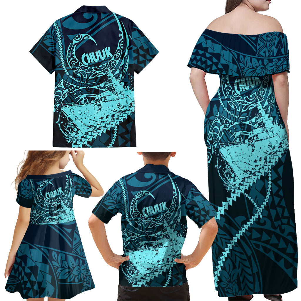 Chuuk Deep Into Truk Lagoon Family Matching Off Shoulder Maxi Dress and Hawaiian Shirt Polynesian Tribal Pattern Wreck Diving Teal Ship Art