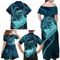 Chuuk Deep Into Truk Lagoon Family Matching Off Shoulder Maxi Dress and Hawaiian Shirt Polynesian Tribal Pattern Wreck Diving Teal Ship Art