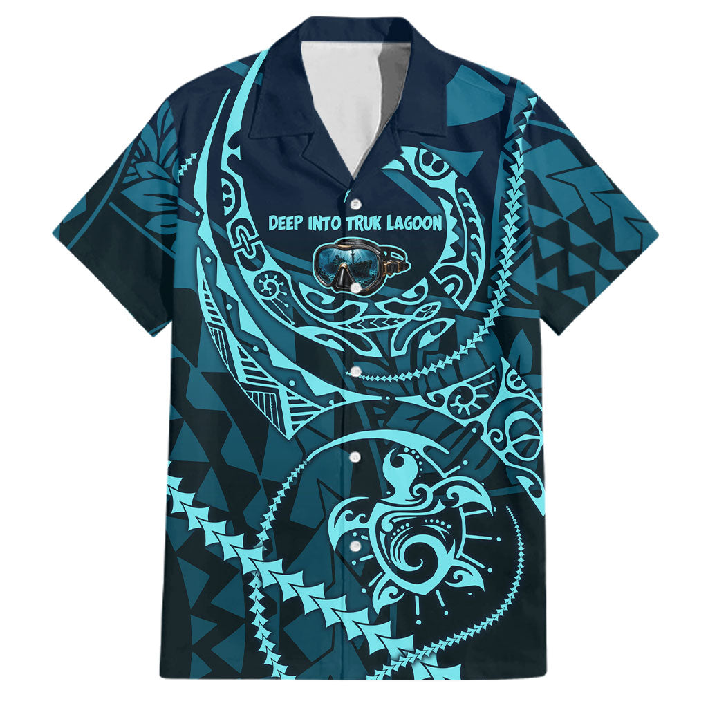 Chuuk Deep Into Truk Lagoon Family Matching Off Shoulder Maxi Dress and Hawaiian Shirt Polynesian Tribal Pattern Wreck Diving Teal Ship Art