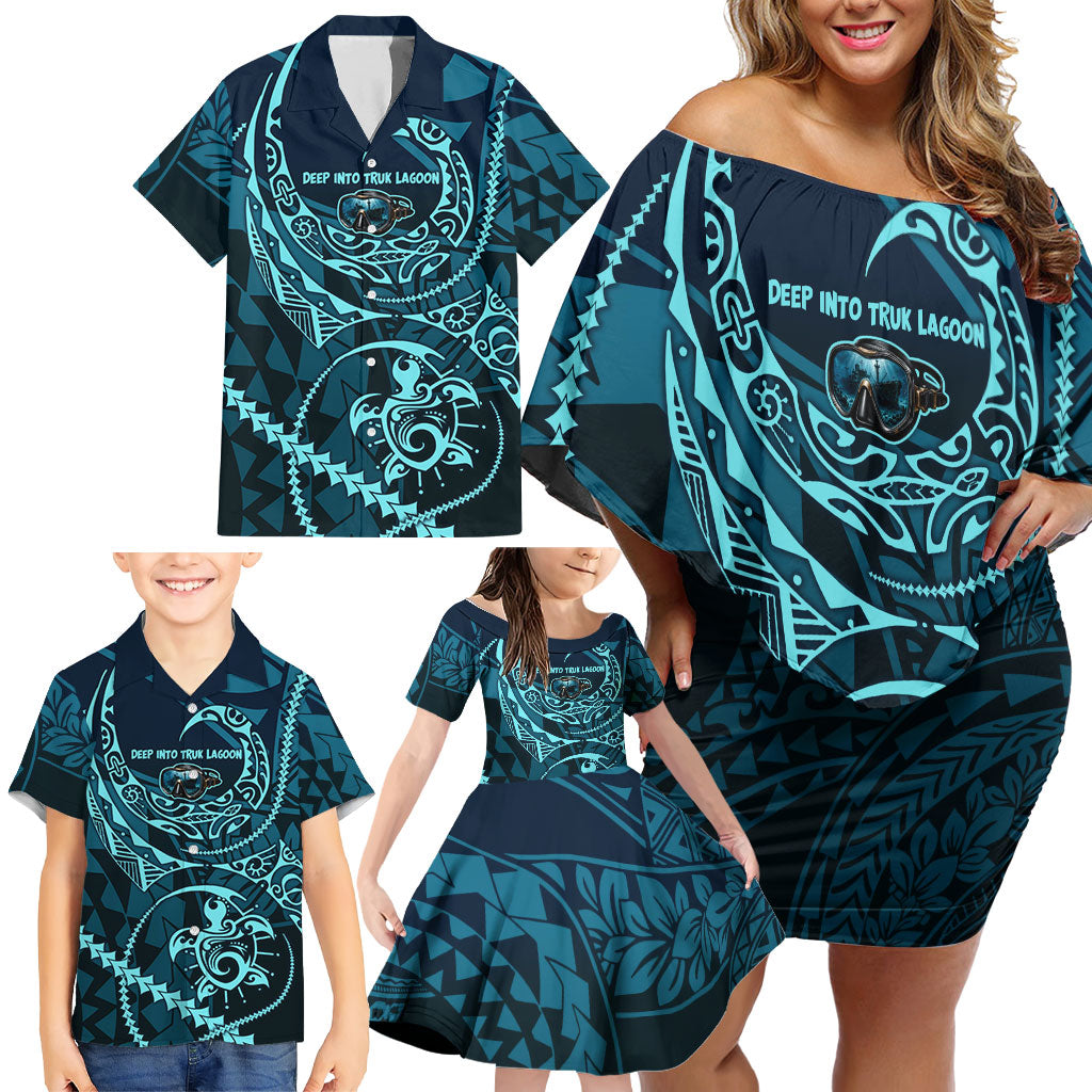 Chuuk Deep Into Truk Lagoon Family Matching Off Shoulder Short Dress and Hawaiian Shirt Polynesian Tribal Pattern Wreck Diving Teal Ship Art TS04 - Polynesian Pride
