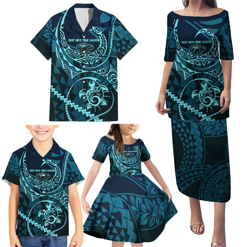 Chuuk Deep Into Truk Lagoon Family Matching Puletasi and Hawaiian Shirt Polynesian Tribal Pattern Wreck Diving Teal Ship Art