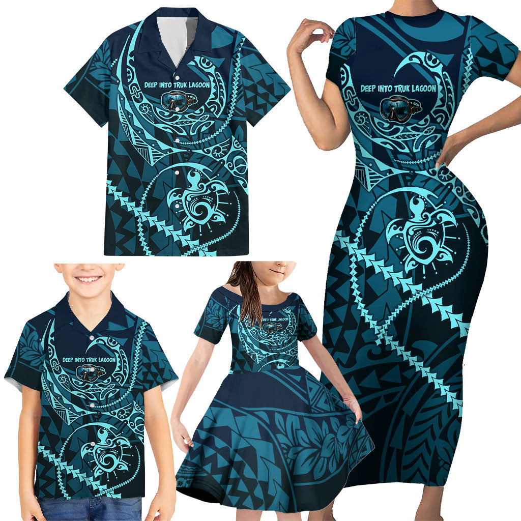 Chuuk Deep Into Truk Lagoon Family Matching Short Sleeve Bodycon Dress and Hawaiian Shirt Polynesian Tribal Pattern Wreck Diving Teal Ship Art