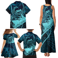 Chuuk Deep Into Truk Lagoon Family Matching Tank Maxi Dress and Hawaiian Shirt Polynesian Tribal Pattern Wreck Diving Teal Ship Art