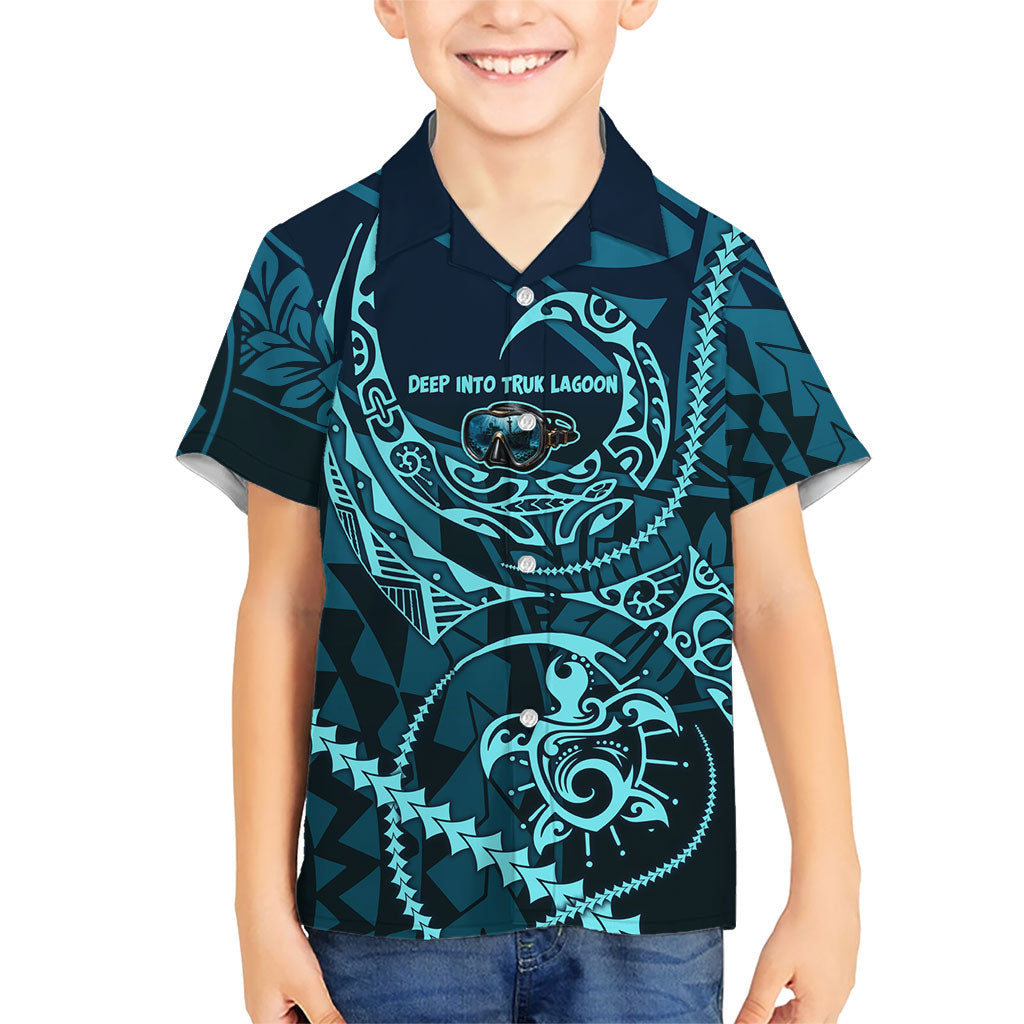 Chuuk Deep Into Truk Lagoon Family Matching Tank Maxi Dress and Hawaiian Shirt Polynesian Tribal Pattern Wreck Diving Teal Ship Art