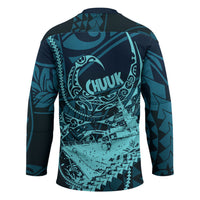 Chuuk Deep Into Truk Lagoon Hockey Jersey Polynesian Tribal Pattern Wreck Diving Teal Ship Art