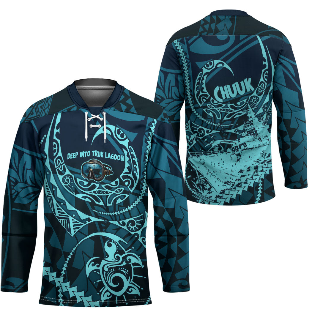 Chuuk Deep Into Truk Lagoon Hockey Jersey Polynesian Tribal Pattern Wreck Diving Teal Ship Art