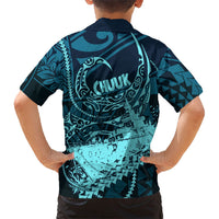 Chuuk Deep Into Truk Lagoon Kid Hawaiian Shirt Polynesian Tribal Pattern Wreck Diving Teal Ship Art