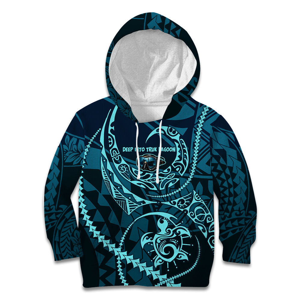 Chuuk Deep Into Truk Lagoon Kid Hoodie Polynesian Tribal Pattern Wreck Diving Teal Ship Art TS04 Hoodie Blue Black - Polynesian Pride