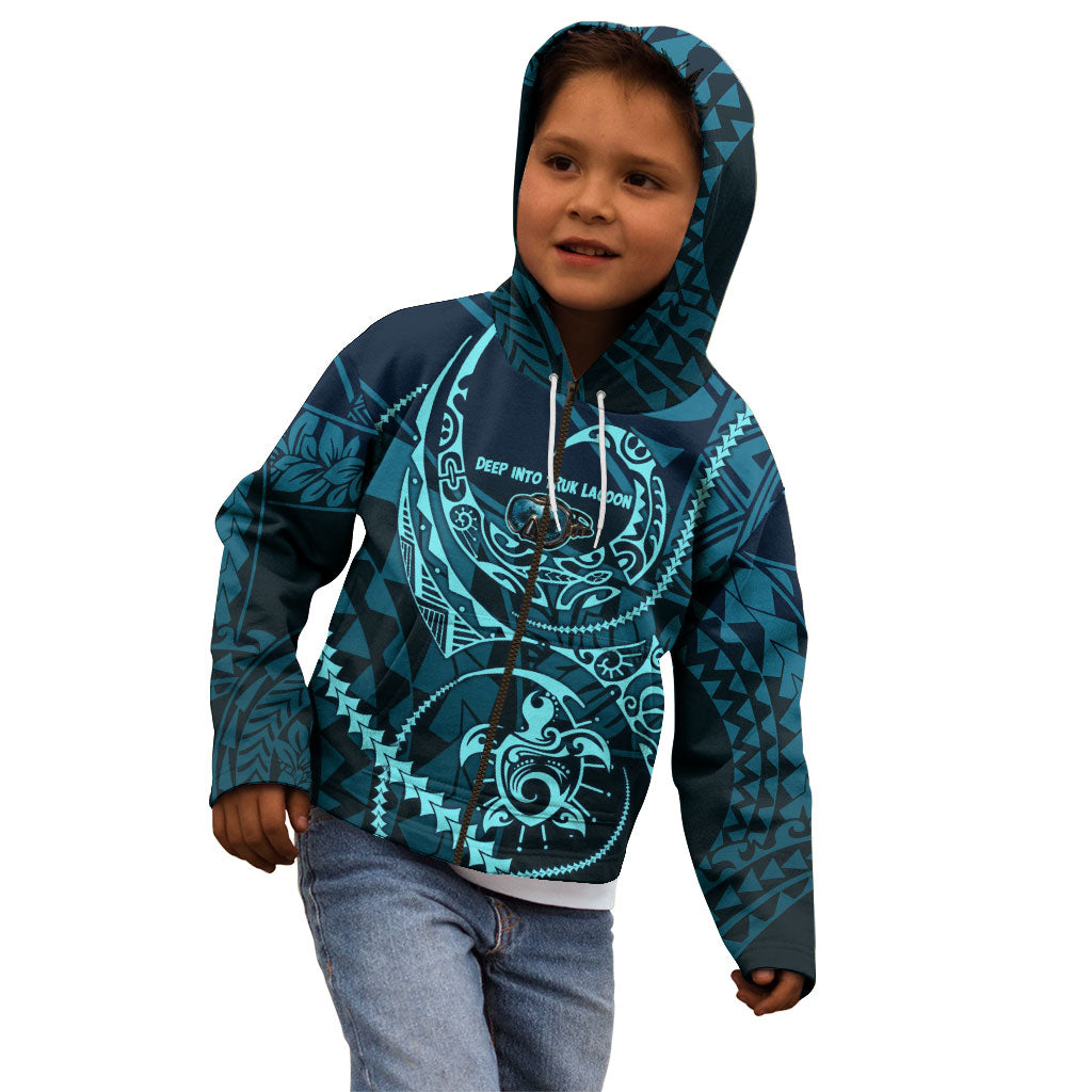 Chuuk Deep Into Truk Lagoon Kid Hoodie Polynesian Tribal Pattern Wreck Diving Teal Ship Art