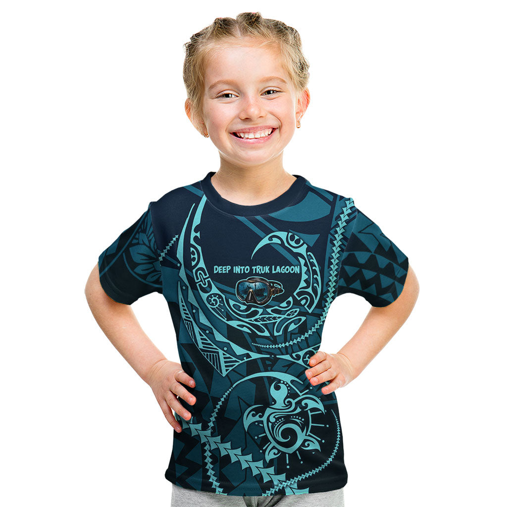 Chuuk Deep Into Truk Lagoon Kid T Shirt Polynesian Tribal Pattern Wreck Diving Teal Ship Art TS04 Blue Black - Polynesian Pride
