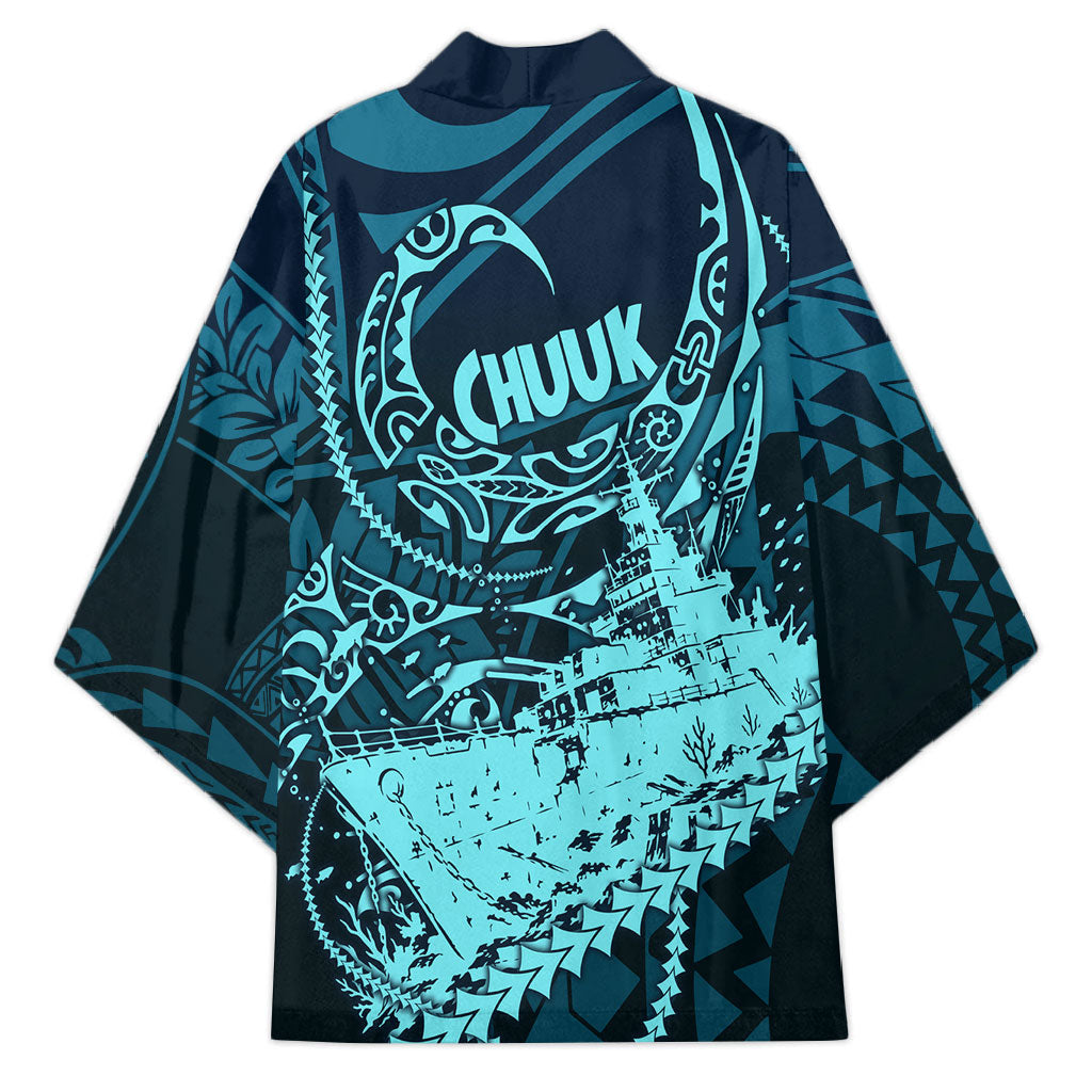 Chuuk Deep Into Truk Lagoon Kimono Polynesian Tribal Pattern Wreck Diving Teal Ship Art