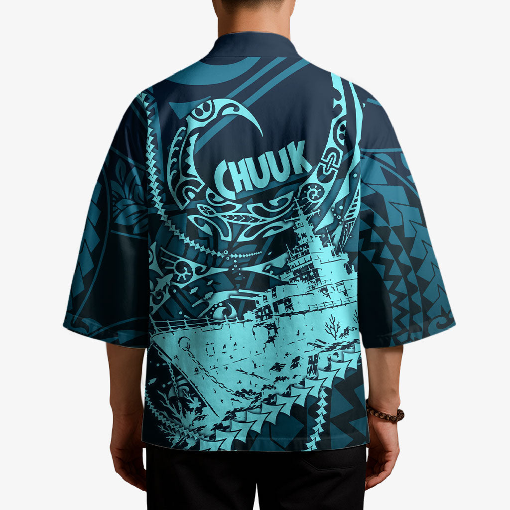 Chuuk Deep Into Truk Lagoon Kimono Polynesian Tribal Pattern Wreck Diving Teal Ship Art
