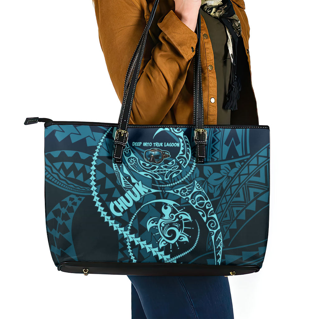 Chuuk Deep Into Truk Lagoon Leather Tote Bag Polynesian Tribal Pattern Wreck Diving Teal Ship Art