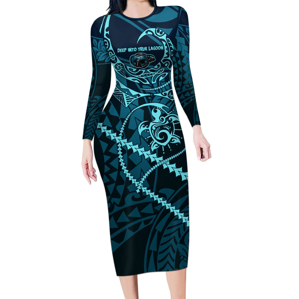 Chuuk Deep Into Truk Lagoon Long Sleeve Bodycon Dress Polynesian Tribal Pattern Wreck Diving Teal Ship Art TS04 Long Dress Blue Black - Polynesian Pride