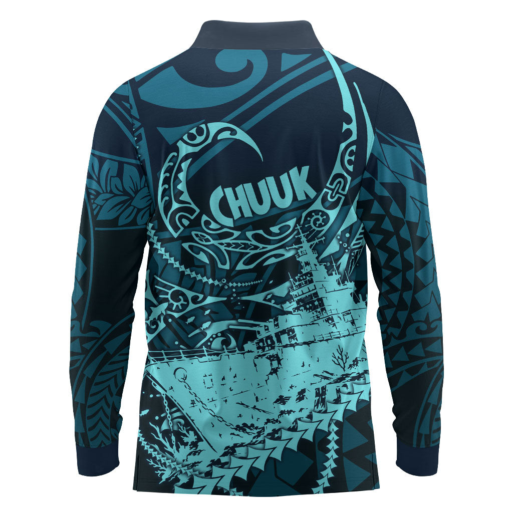 Chuuk Deep Into Truk Lagoon Long Sleeve Polo Shirt Polynesian Tribal Pattern Wreck Diving Teal Ship Art