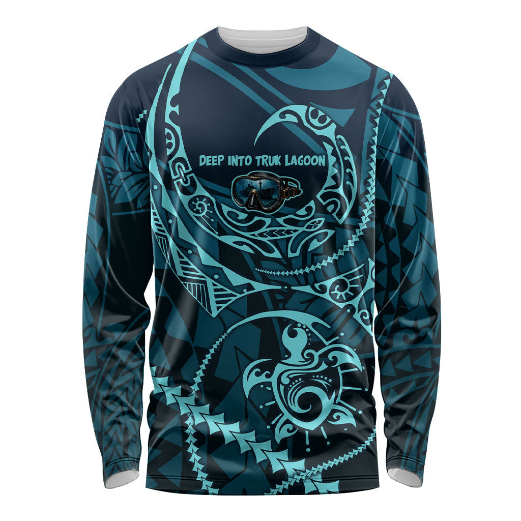 Chuuk Deep Into Truk Lagoon Long Sleeve Shirt Polynesian Tribal Pattern Wreck Diving Teal Ship Art