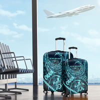 Chuuk Deep Into Truk Lagoon Luggage Cover Polynesian Tribal Pattern Wreck Diving Teal Ship Art