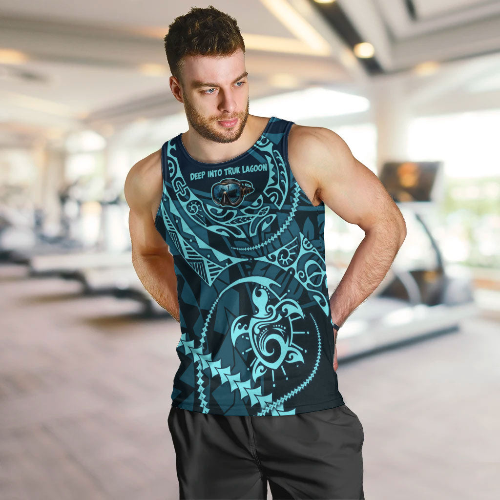 Chuuk Deep Into Truk Lagoon Men Tank Top Polynesian Tribal Pattern Wreck Diving Teal Ship Art