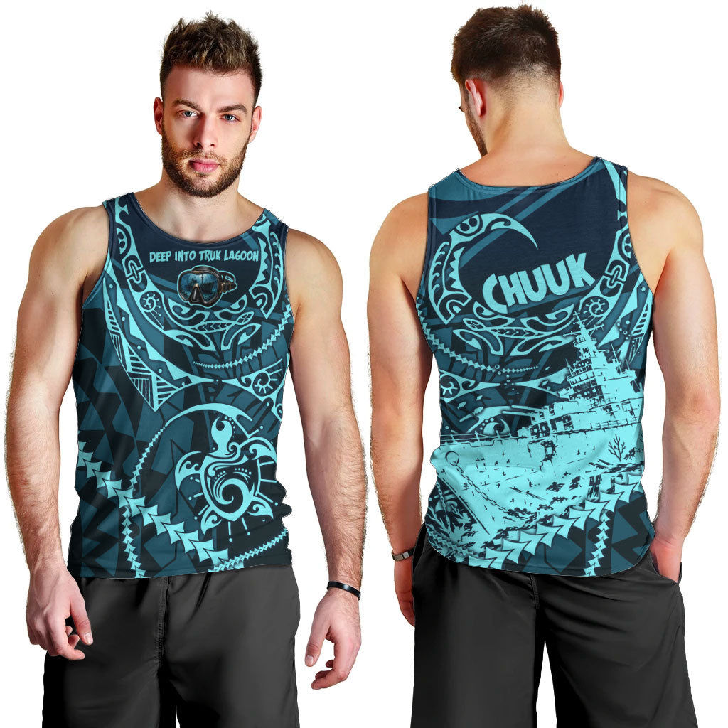 Chuuk Deep Into Truk Lagoon Men Tank Top Polynesian Tribal Pattern Wreck Diving Teal Ship Art