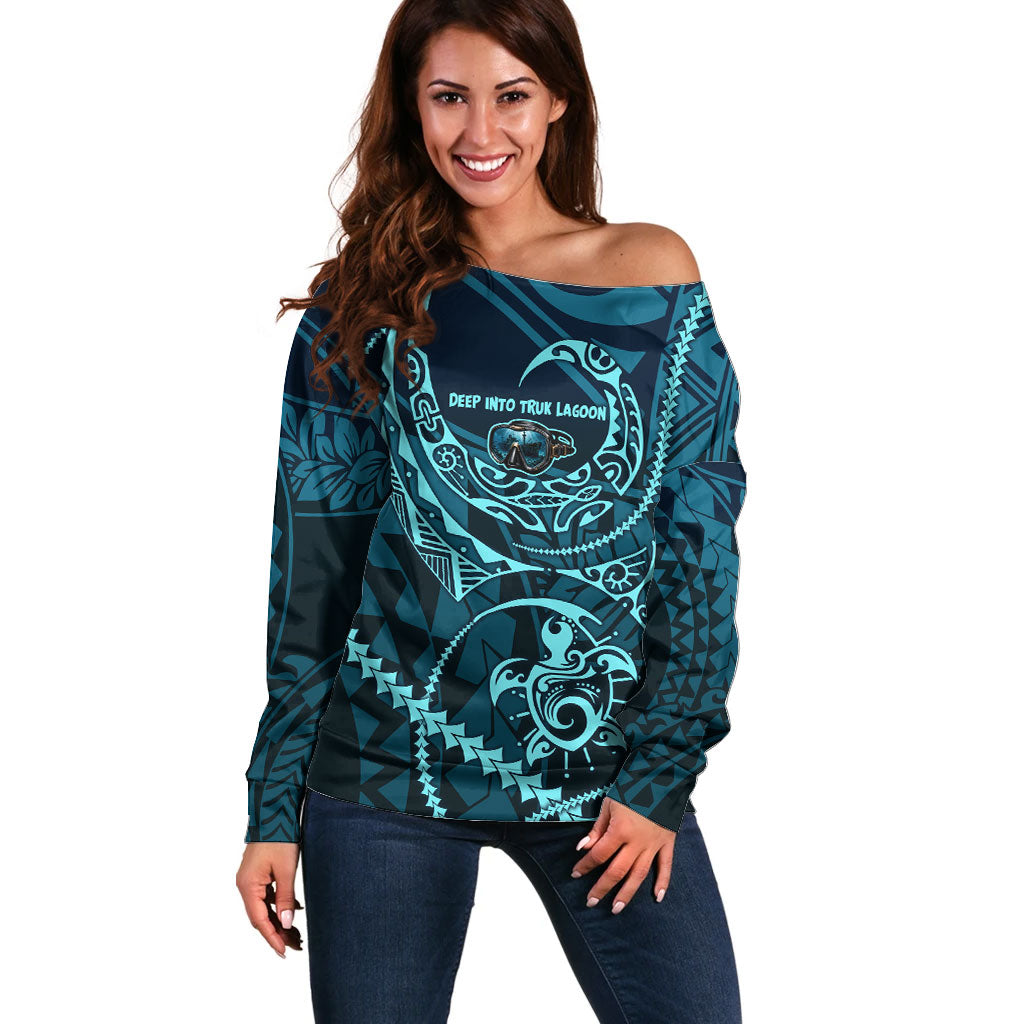 Chuuk Deep Into Truk Lagoon Off Shoulder Sweater Polynesian Tribal Pattern Wreck Diving Teal Ship Art