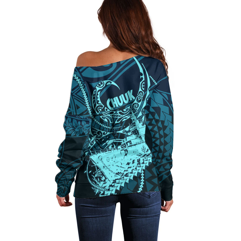 Chuuk Deep Into Truk Lagoon Off Shoulder Sweater Polynesian Tribal Pattern Wreck Diving Teal Ship Art