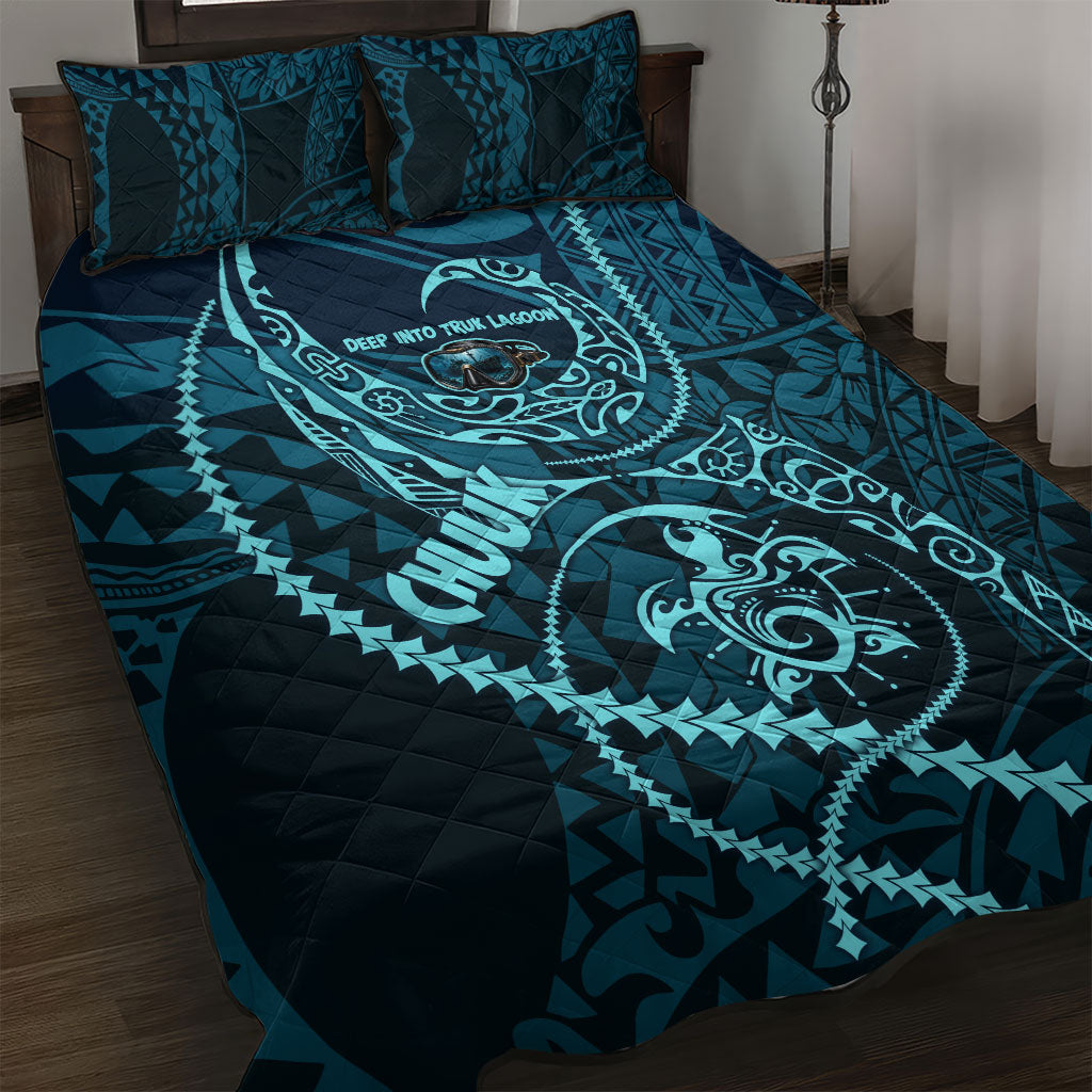 Chuuk Deep Into Truk Lagoon Quilt Bed Set Polynesian Tribal Pattern Wreck Diving Teal Ship Art TS04 Blue Black - Polynesian Pride