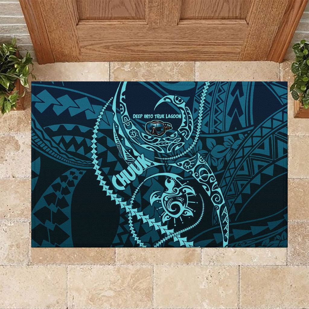 Chuuk Deep Into Truk Lagoon Rubber Doormat Polynesian Tribal Pattern Wreck Diving Teal Ship Art TS04 Blue Black - Polynesian Pride