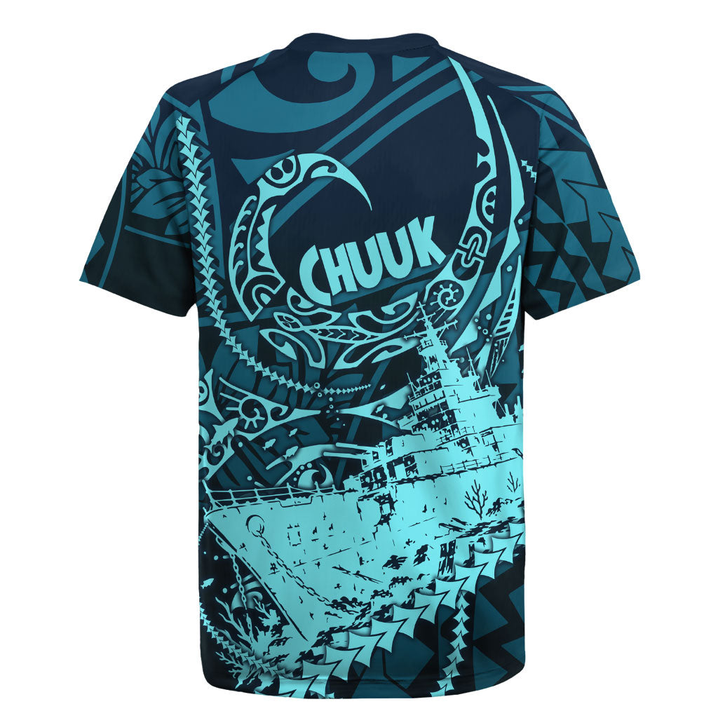 Chuuk Deep Into Truk Lagoon Rugby Jersey Polynesian Tribal Pattern Wreck Diving Teal Ship Art