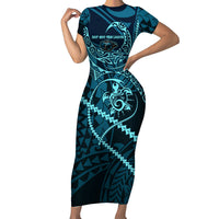 Chuuk Deep Into Truk Lagoon Short Sleeve Bodycon Dress Polynesian Tribal Pattern Wreck Diving Teal Ship Art