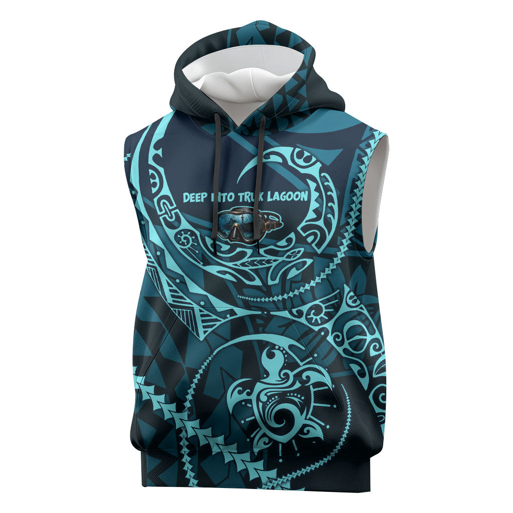 Chuuk Deep Into Truk Lagoon Sleeveless Hoodie Polynesian Tribal Pattern Wreck Diving Teal Ship Art