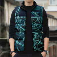 Chuuk Deep Into Truk Lagoon Sleeveless Puffer Jacket Polynesian Tribal Pattern Wreck Diving Teal Ship Art