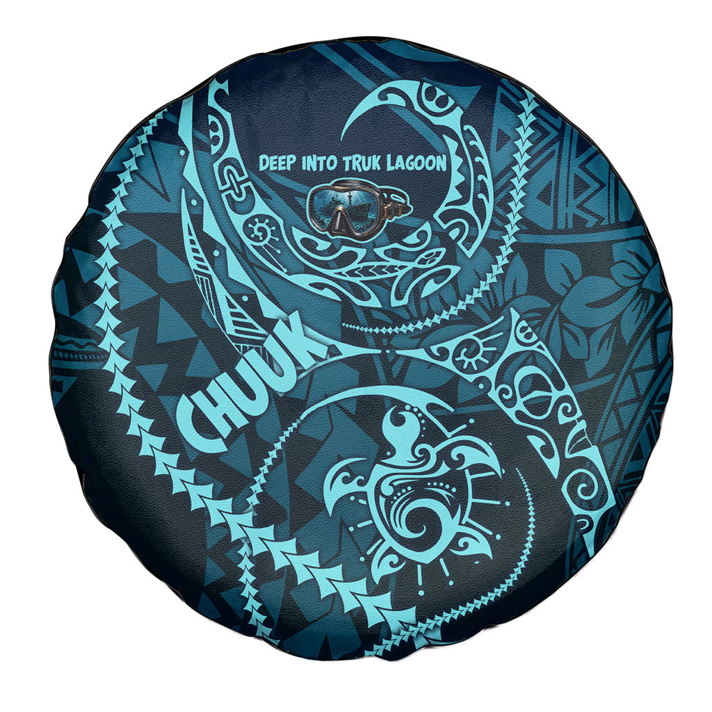 Chuuk Deep Into Truk Lagoon Spare Tire Cover Polynesian Tribal Pattern Wreck Diving Teal Ship Art